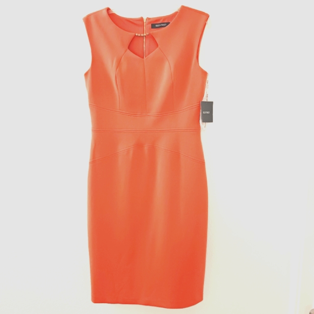 Ellen Tracy Dress Coral Color Sheath Dress Midi Sleeveless W Built In Necklace